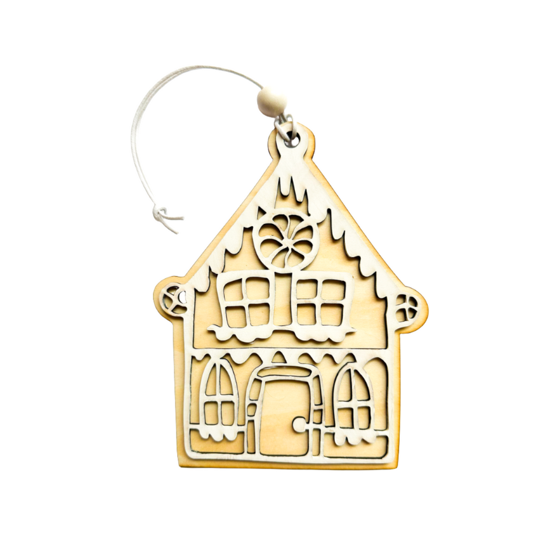 Ornament Gingerbread House White Wood Bead *CM