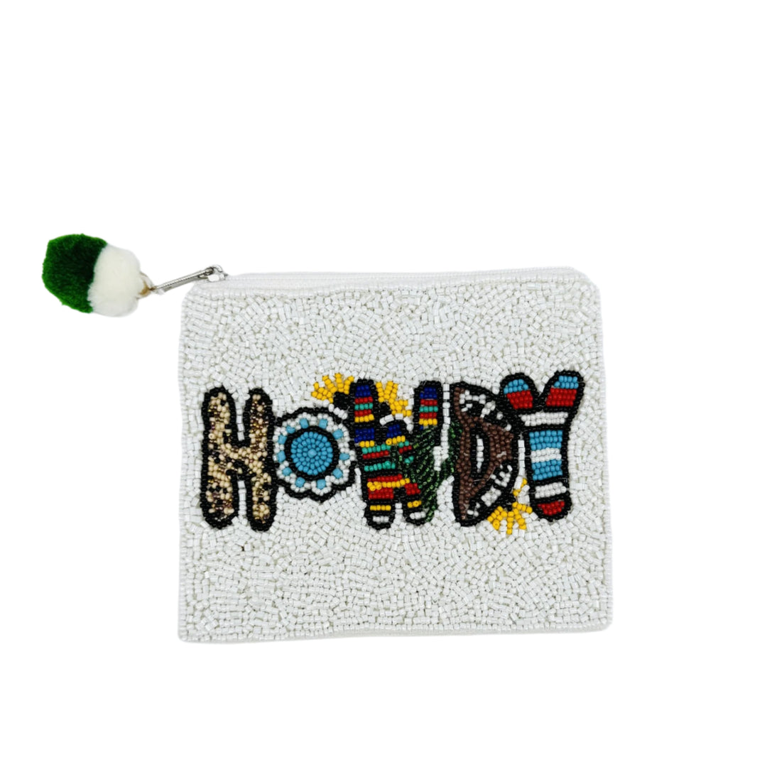 coin purse with the word howdy on it.