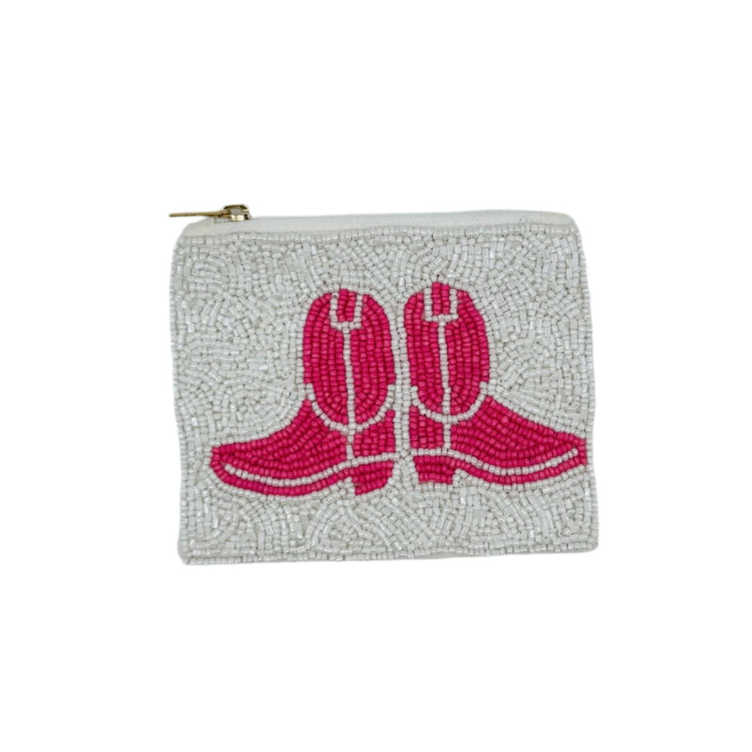 white coin purse with pink boots