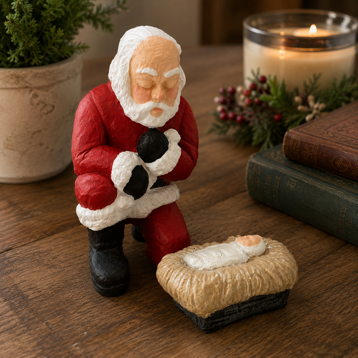 Santa kneeling Over Baby Jesus *CM