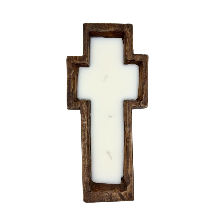 wooden cross candle filled 