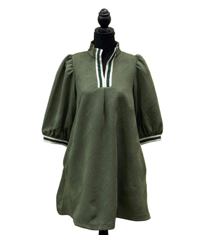 Stripe V Neck Textured Olive Dress
