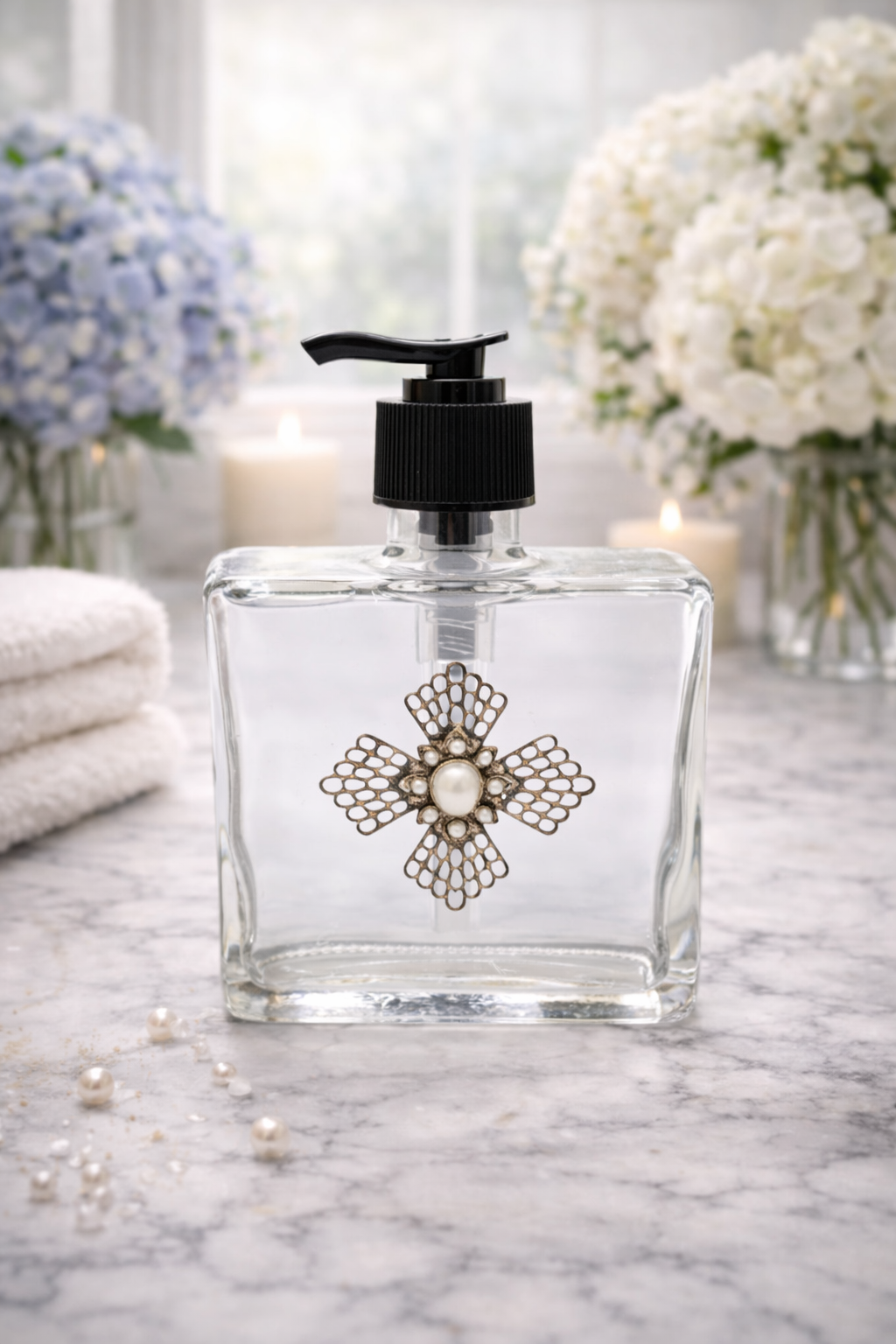 Glass Soap Dispenser Pearl Maltese Cross Brass *CM