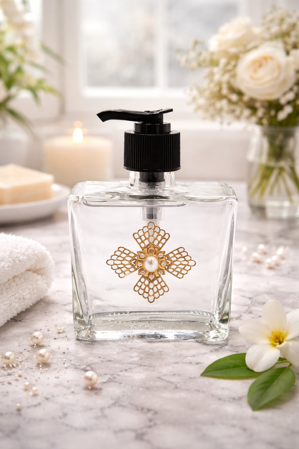 Glass Soap Dispenser Pearl Maltese Cross Gold *CM