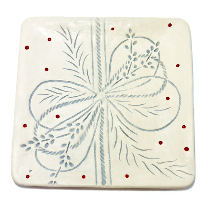 Plate Ceramic Glazed Square Christmas Bow Design *CM