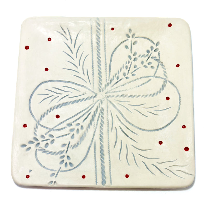 Plate Ceramic Glazed Square Christmas Bow Design