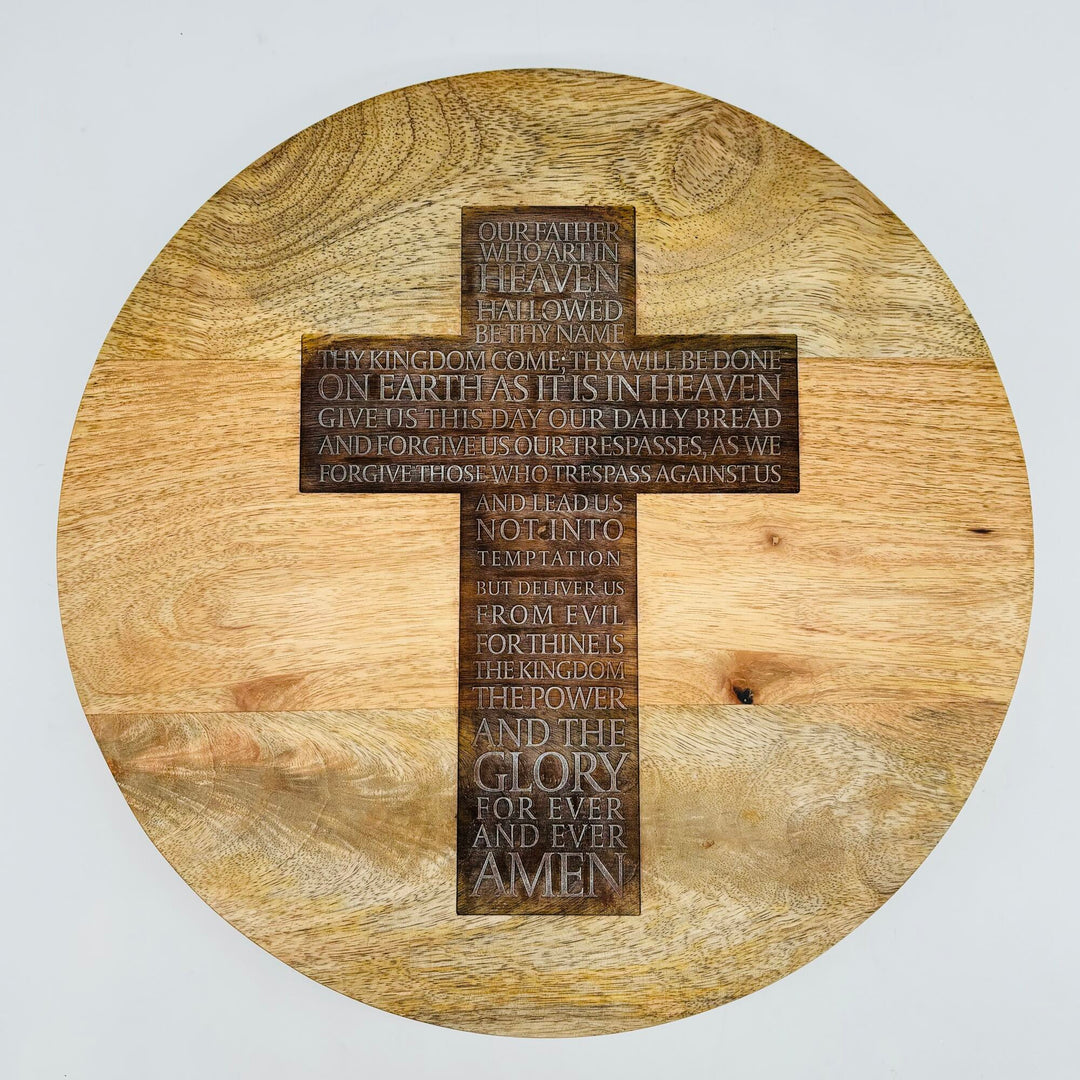 Round Wooden Platter with Cross and Prayer