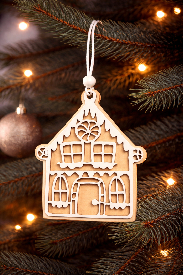 Ornament Gingerbread House White Wood Bead *CM
