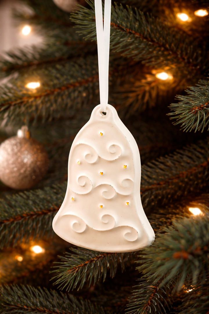 Ornament White Bell with Filigree and Gold Dots *CM