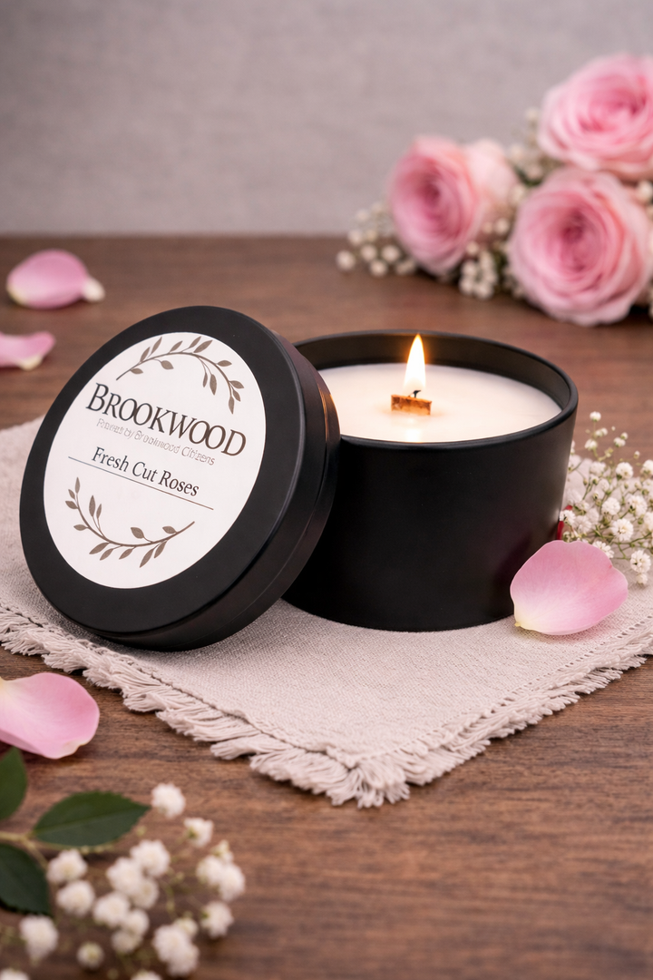 Candle Black Tin Fresh Cut Roses 8oz  *CM
