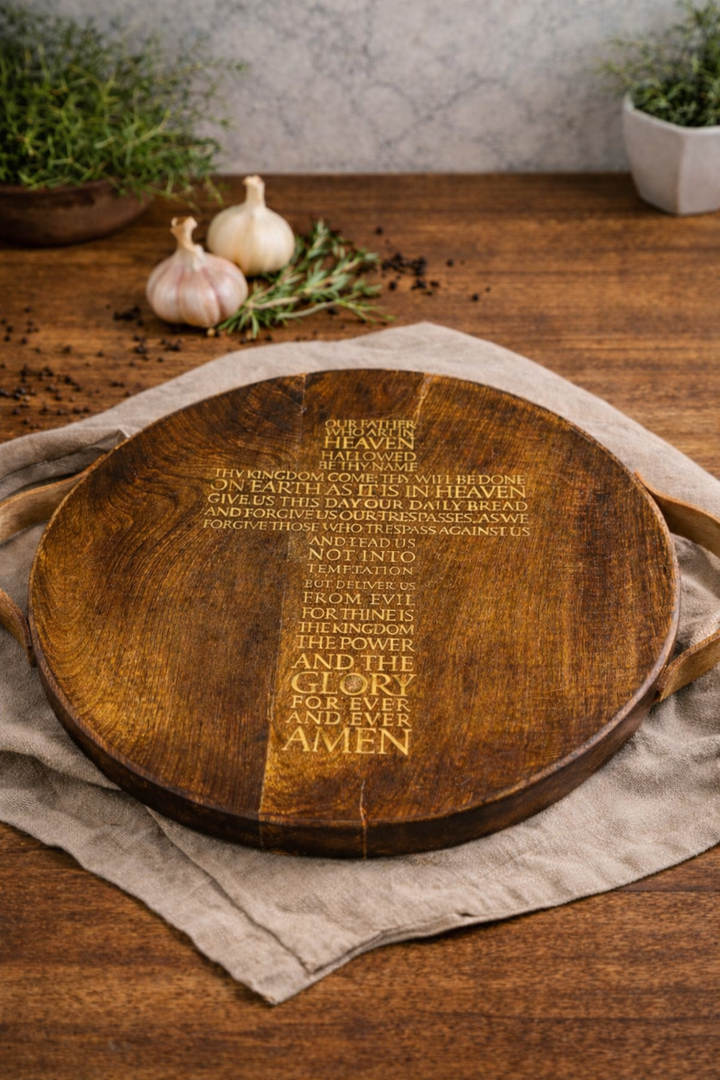 wooden tray with the Lords prayer