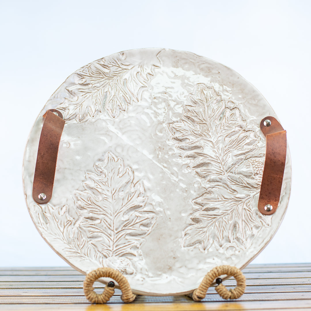 Platter Oak Leaf With Leather Handles White