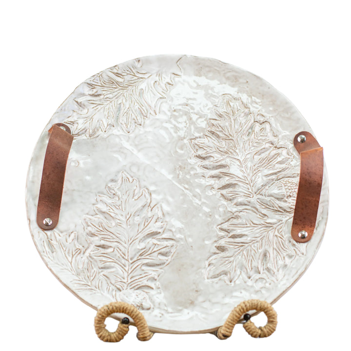 Platter Oak Leaf With Leather Handles White *CM