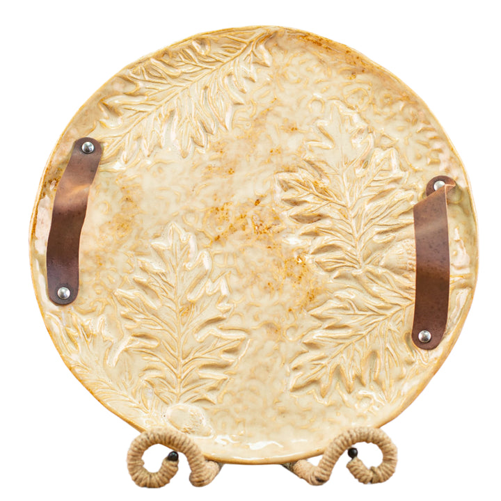 Platter Oak Leaf With Leather Handles Brown *CM